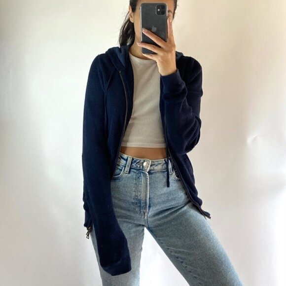 𝅺vince Waffle knit navy hooded jacket - Picture 2 of 8